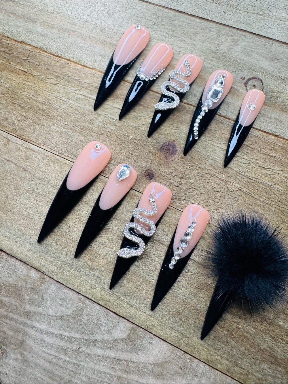 Luxury Black Stiletto Press On Nails | Magnetic Pom Pom Snake Set M